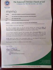 The RCCG memo that is raising concern in some quaters