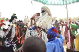 Emir of Zazzau, Malam Ahmad Bamalli, on horseback during the Hawan Bariki durbar